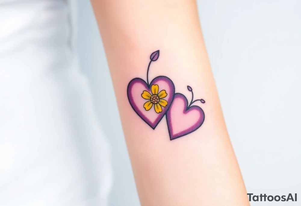 simple with Purple Hearts with yellow daisy. tattoo idea