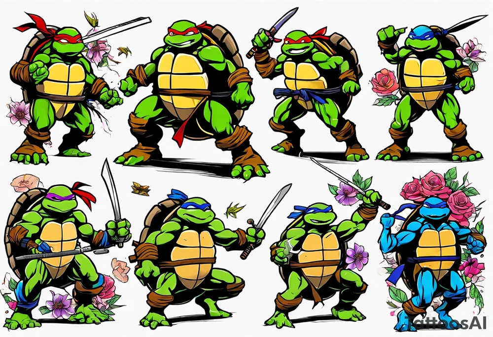 teenage mutant ninja turtles fighting in a city with floral accents tattoo idea