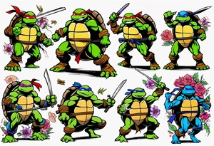 teenage mutant ninja turtles fighting in a city with floral accents tattoo idea