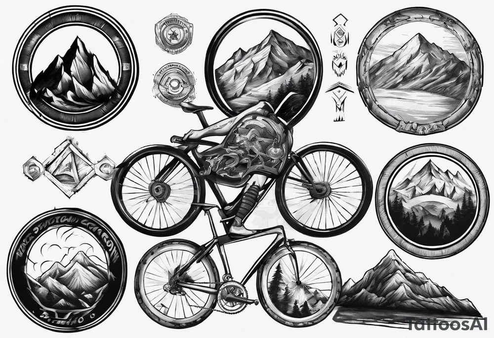 road cycle front wheel drawn as a gym plate with a mountain in the middle tattoo idea
