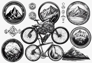 road cycle front wheel drawn as a gym plate with a mountain in the middle tattoo idea