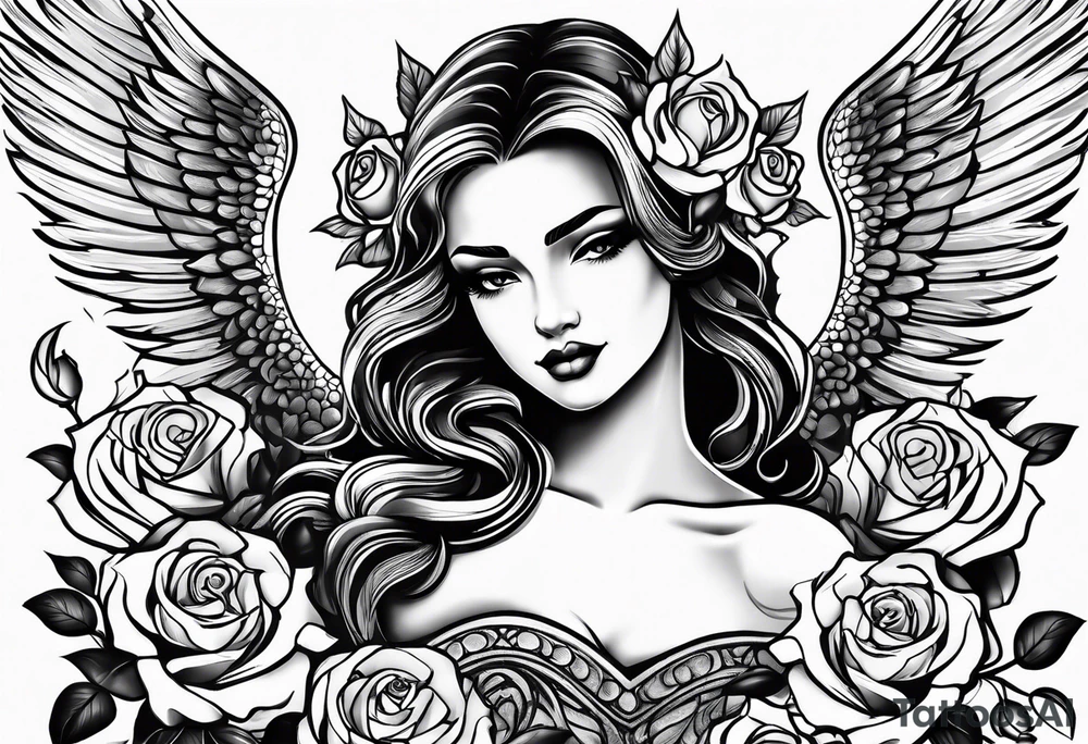 Angel, roses, name MARTINA tattoo idea