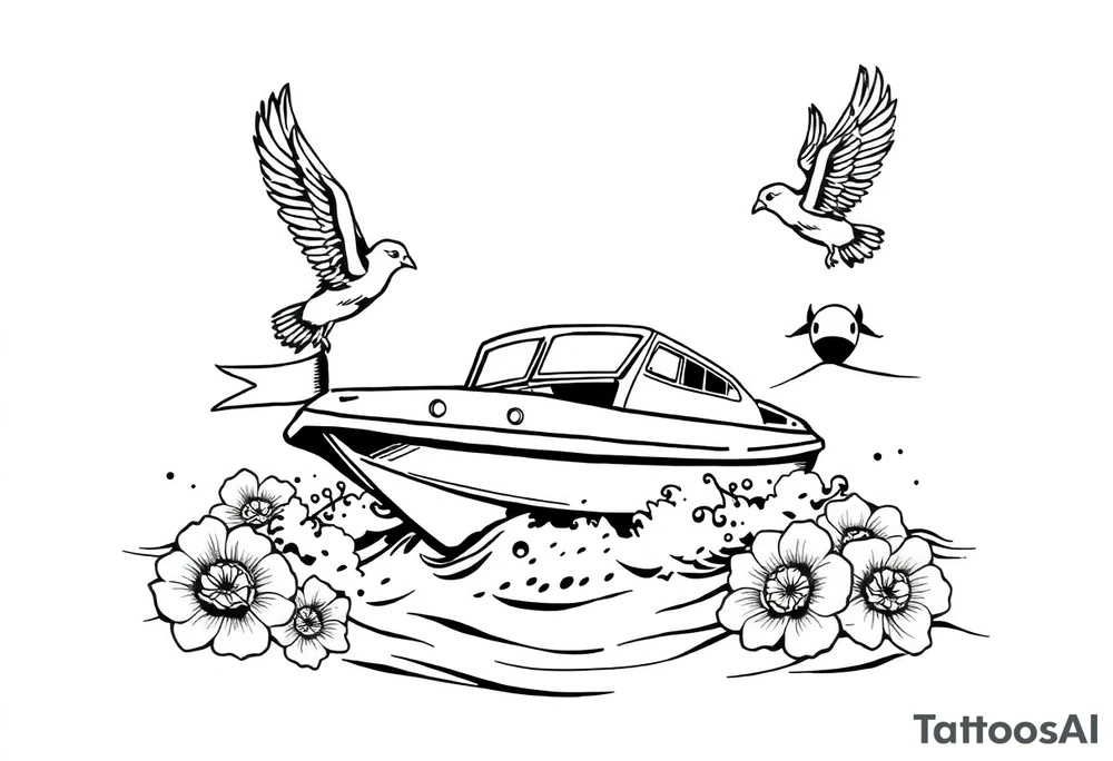 Traditional style tattoo, with a jet boat in the water, with a banner that says “ARMOR” in traditional lettering, add classic traditional aspects to this tattoo like sparrows and traditional flowers . tattoo idea