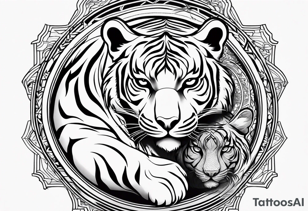 Tiger and panther yin yang, girl looking down at camera, full sleeve tattoo idea