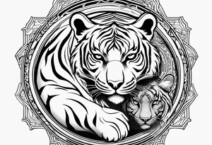 Tiger and panther yin yang, girl looking down at camera, full sleeve tattoo idea