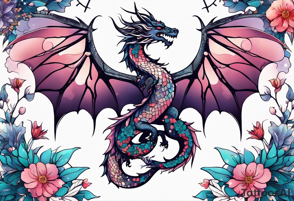 Constellation, wing , snow , cross , dragon female japan kawaii , flower tattoo idea