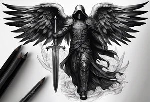 realistic full body of black angel of death, no face, face is not visible, with wings holding one sword in both hands, the sword is held edge toward the ground tattoo idea