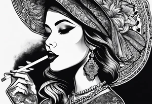 Woman smoking and ad the end ofmthe smoke apears a eye with a tear tattoo idea