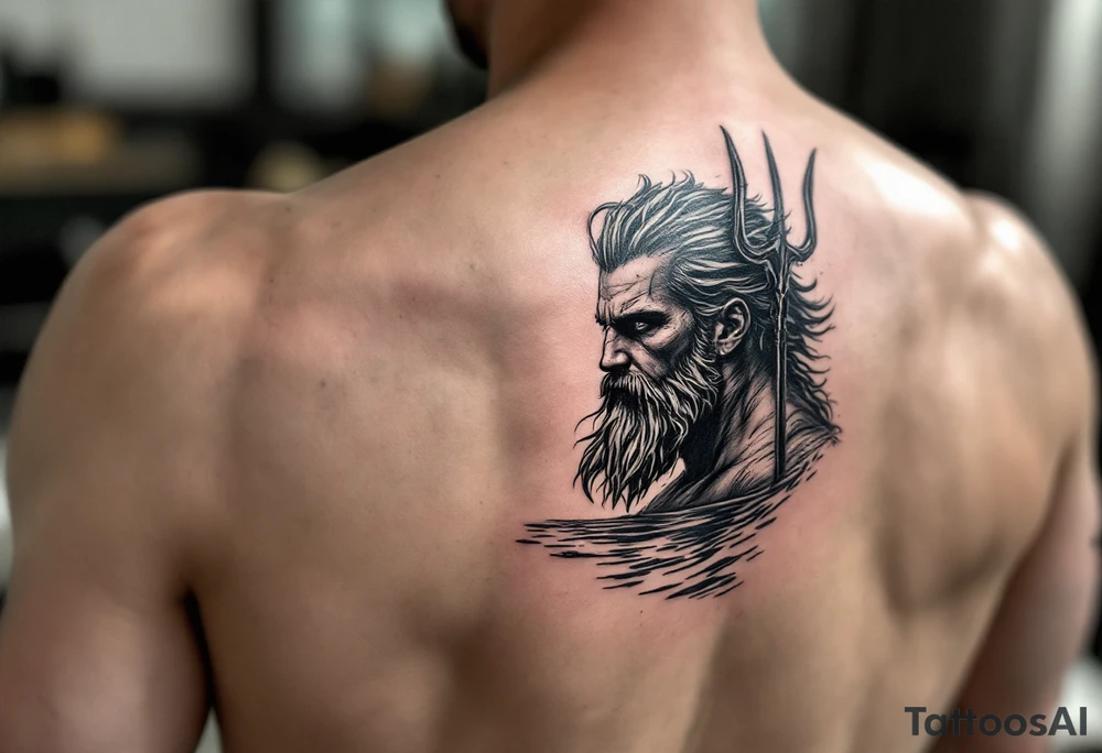 fit poseidon, with trident, in water, looking at the horizon tattoo idea
