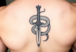 mystical snake coiled around an ancient dagger with jeweled hilt tattoo idea