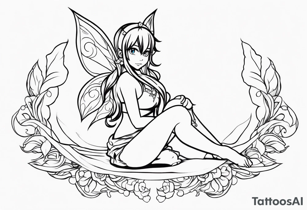 A fairy with a tail inspired by the logo of the show called Fairy Tail in a fetal position leaning in tattoo idea