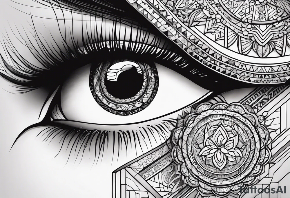 A women’s eye with line work surrounding it and incorporating an elephant tattoo idea