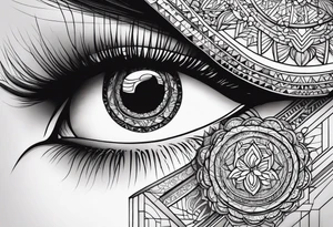 A women’s eye with line work surrounding it and incorporating an elephant tattoo idea