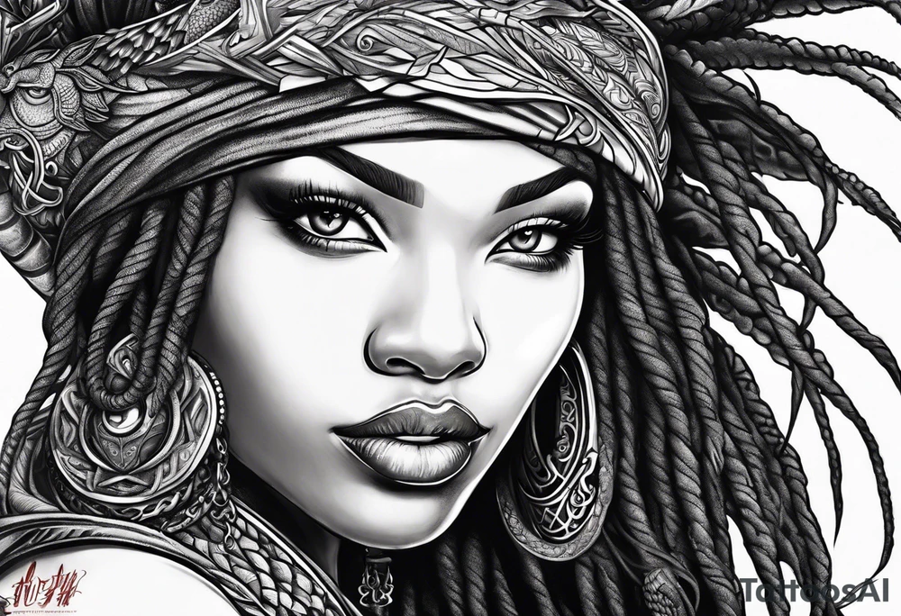 Red dragon wrapping around black woman with dreadlocks tattoo idea