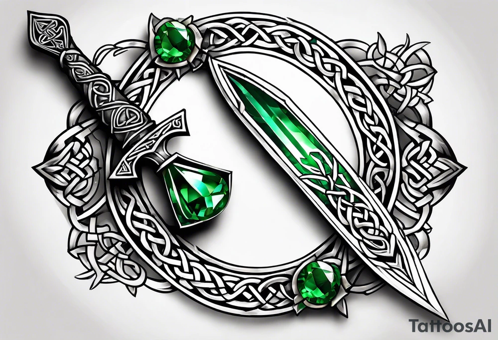 A Celtic dagger with an oak hilt turned upright and emerald gemstones on it tattoo idea