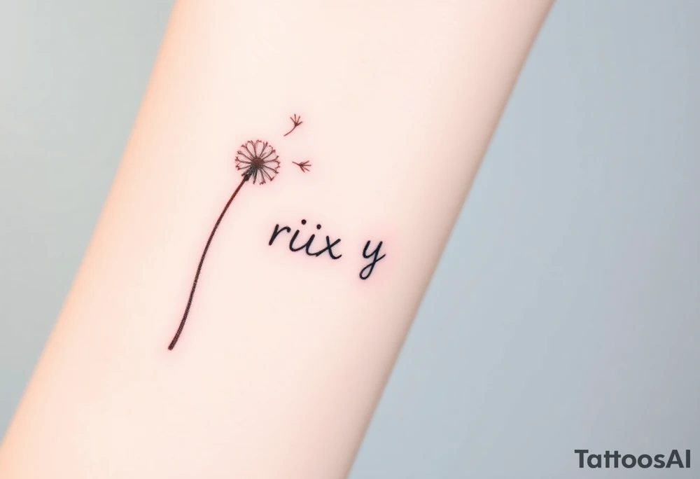 This image features a delicate dandelion tattoo on a person’s skin, with fine lines and soft shading. The dandelion’s stem extends from the bottom left corner, leading to the detailed flower head, which appears to be dispersing its seeds. The seeds are shown floating away in a natural, wind-swept motion, symbolizing freedom, change, and new beginnings.

The tattoo has a subtle watercolor effect with a gentle pinkish hue around the base of the dandelion, adding depth and softness to the design. The fine-line work gives it a refined and elegant look. The placement on the body makes it a visually appealing and meaningful piece.  Rix Rys Ari realistic drawing tattoo idea