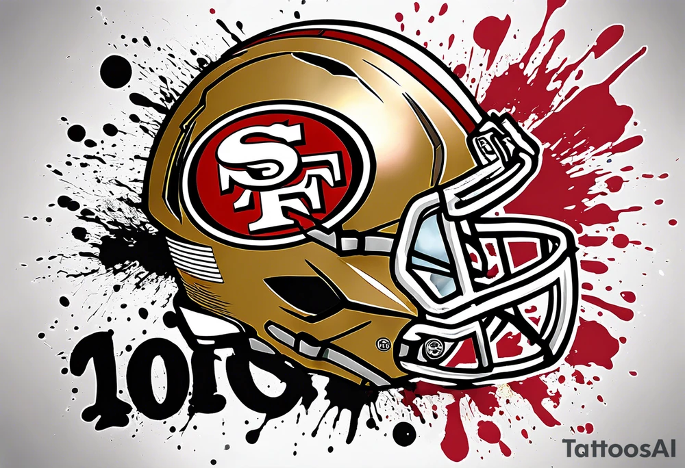 san Francisco 49er logo with team color specks of paint splatter tattoo idea