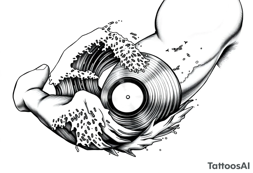 waves crashing into a vinyl record tattoo idea