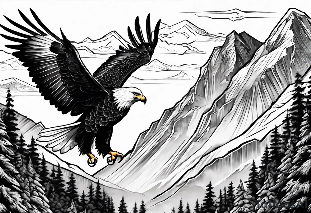 Eagle and Dove flying together over a mountain with trees in the background tattoo idea