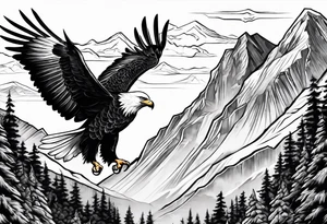 Eagle and Dove flying together over a mountain with trees in the background tattoo idea