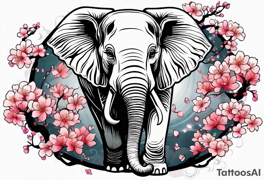 japanese cherry blossoms with a fun elephant in the background tattoo idea