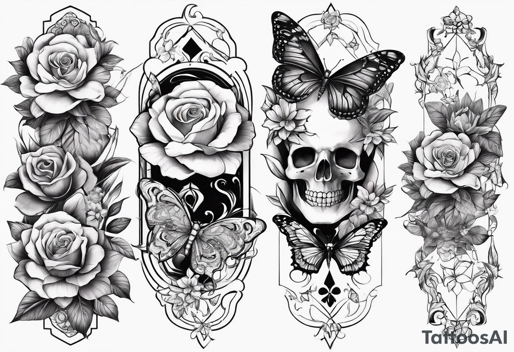 Life to death sleeve with butterflies and flowers tattoo idea