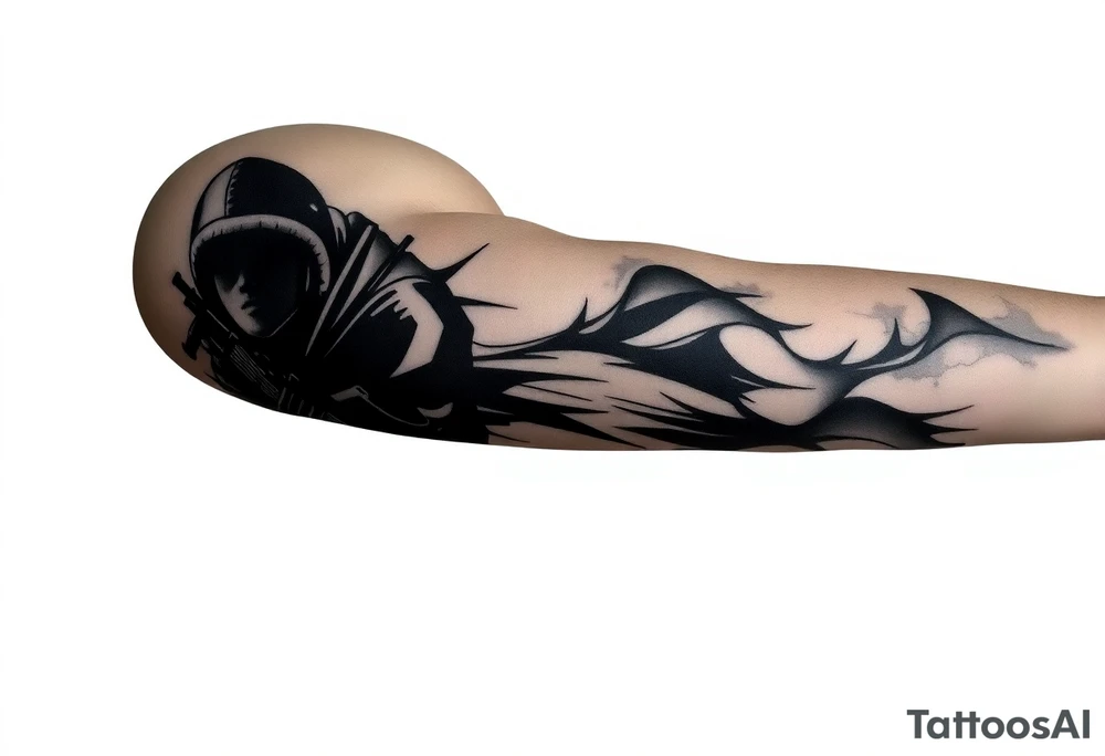 Minimalist covert operative symbolism representing loyalty and survival, faceless soldier silhouette emerging from darkness, torn fabric, subtle scars, controlled posture, black and grey realism, emotional restraint, understated strength, tattoo sleeve element. tattoo idea