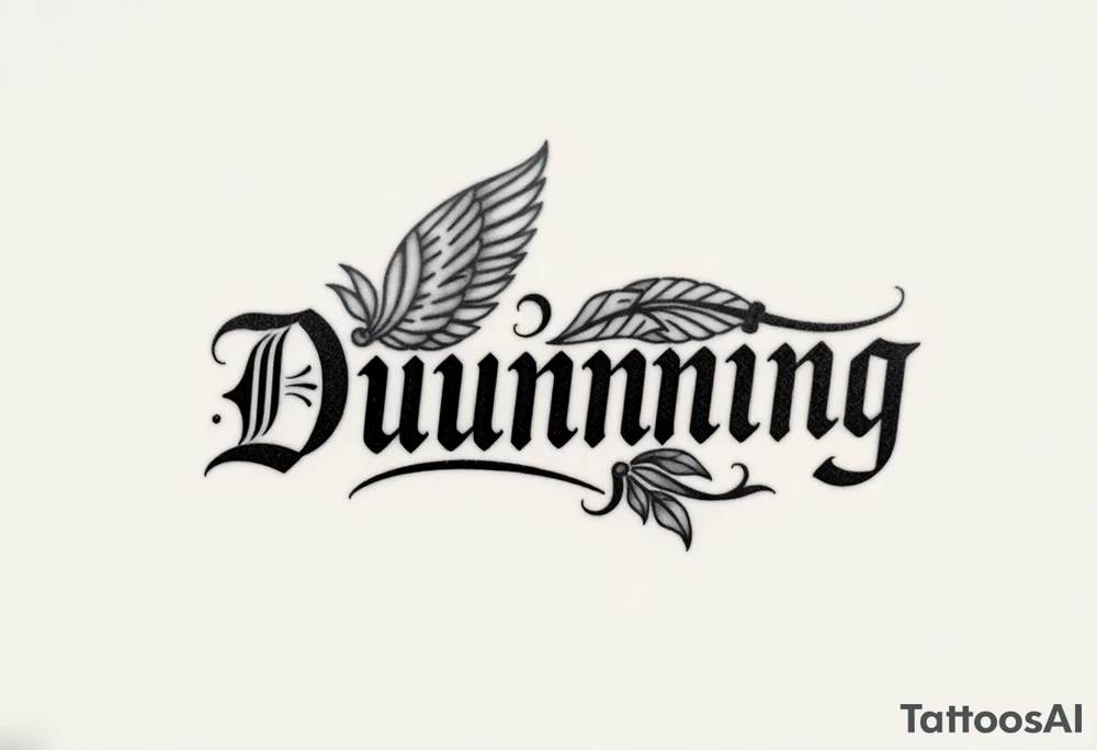 Last name Dunning, in Roman bold font in middle of forearm with background including leaves,angel wing going near elbow,tribal pattern. tattoo idea
