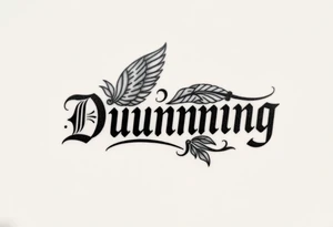 Last name Dunning, in Roman bold font in middle of forearm with background including leaves,angel wing going near elbow,tribal pattern. tattoo idea