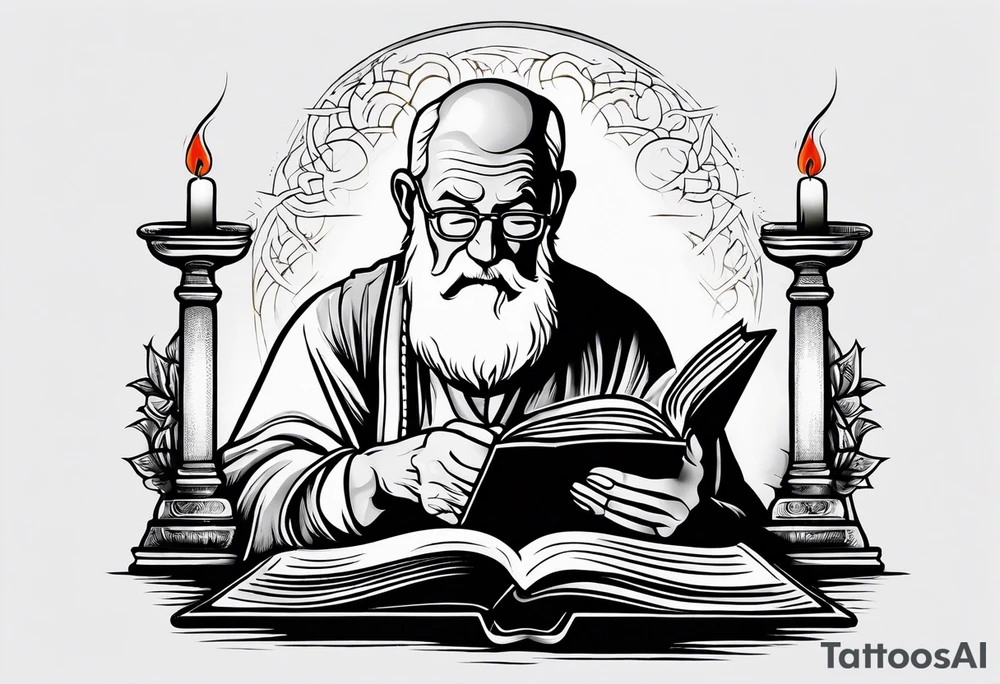 old man reading a holy bible by candle light tattoo idea