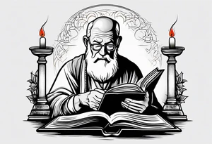 old man reading a holy bible by candle light tattoo idea