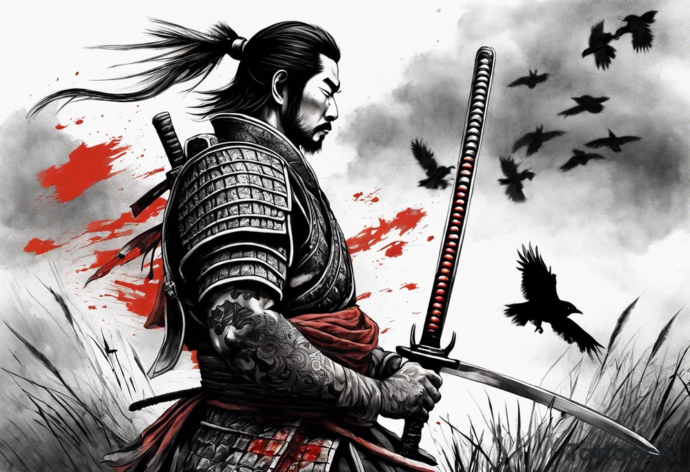 A tired samurai wounded from battle holding his helmet in one hand and in the other hand his sword with a mixture of blood and dirt, wearing his dirty armour he is steeping above some body's from the battle in open field and looking vaguely ylto the horizon while crows are flyting above him and the corpses tattoo idea