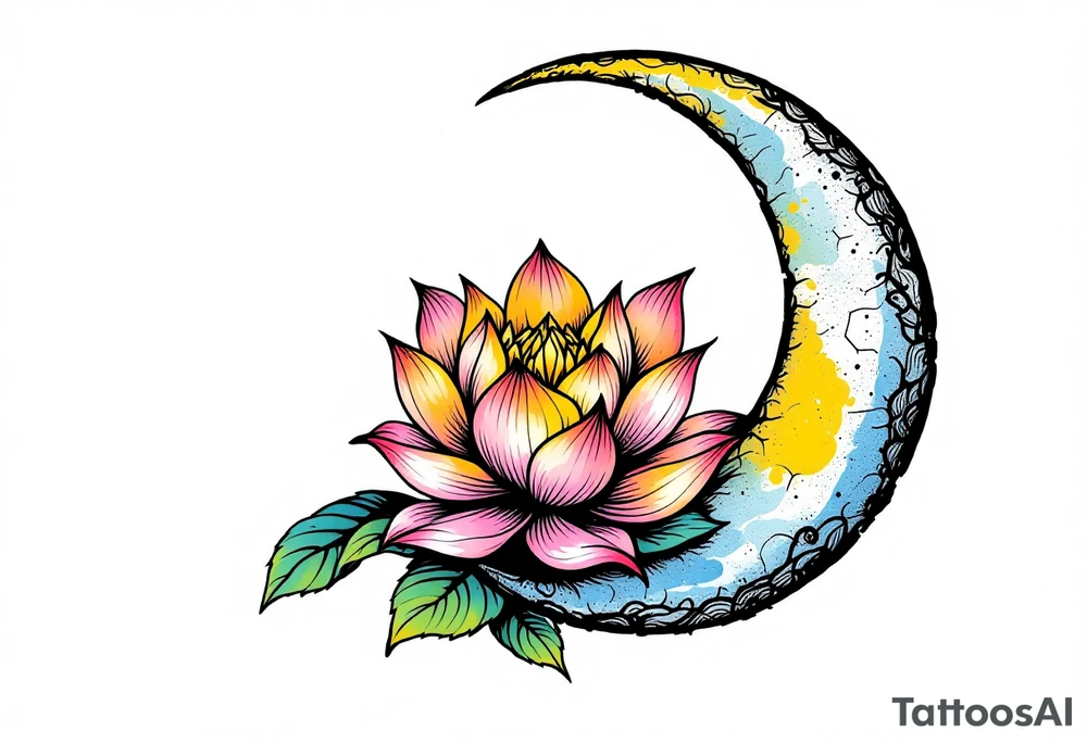 tiny colorful crescent moon with lotus flower tattoo idea