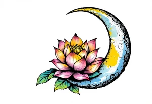 tiny colorful crescent moon with lotus flower tattoo idea