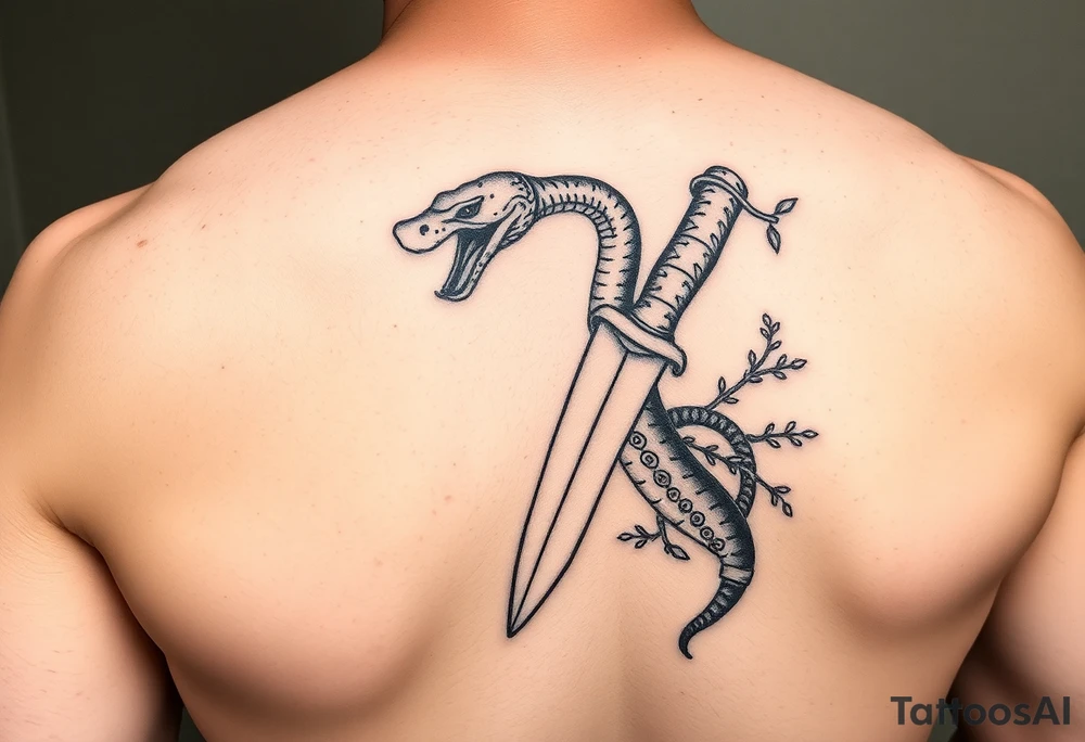 a serpent wrapping a knife with vines in it tattoo idea