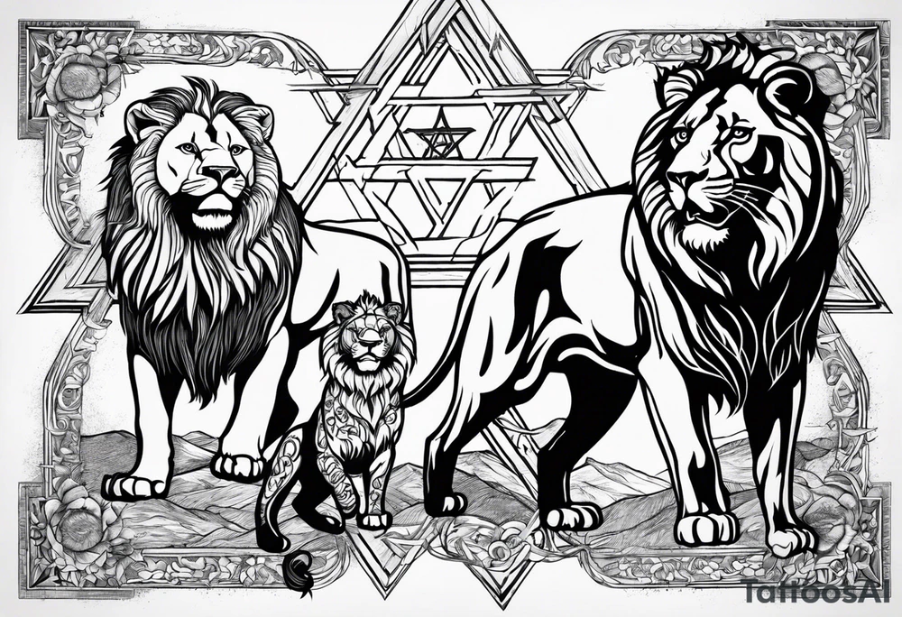 One roaring lion, next to it a roaring lioness, below them 3 roaring lion cubs and around a Star of David tattoo idea