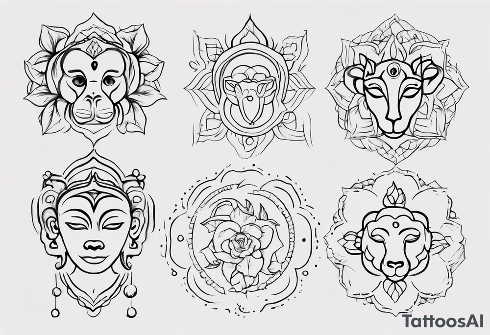 Creat a feminine line art tattoo. Single line. Images include monkey icon, pie icon, the Thai symbol for ten, and the breathe yoga symbol. Put icons in a long single line and keep them separate. Connect with dots and dashes. tattoo idea