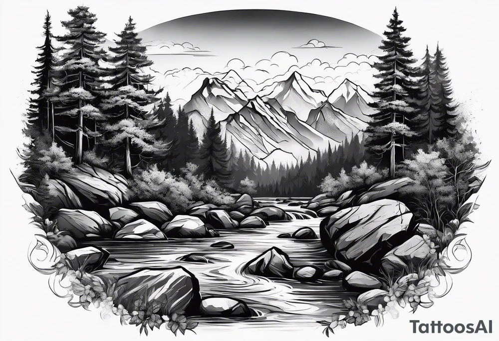 forrest 
river running through rocks and mountains 
open tattoo idea