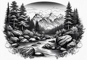 forrest 
river running through rocks and mountains 
open tattoo idea