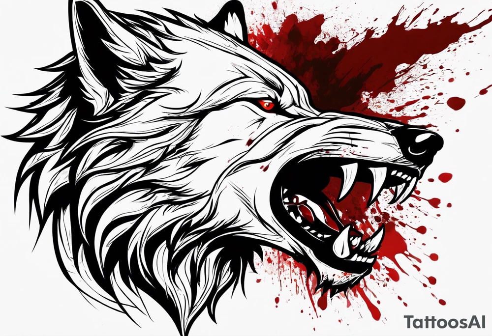 Create aggressive WOLF, with some blood coming out of his mouth and saliva. BLOOD IN THE BACKGROUND. Make it a drawing and use the image of reference. I am going to add. I want HIM TO BE ANGRY WITH RED EYES use VICIOUS WOLF THATS ANGRY tattoo idea