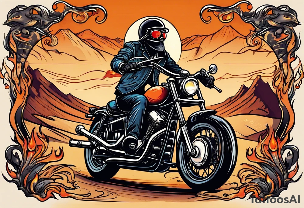 A single eyeball with arms & legs & a mustache riding a motorcycle with flames coming out the pipes. The rider should be face on and there should be a desert scene in the background tattoo idea