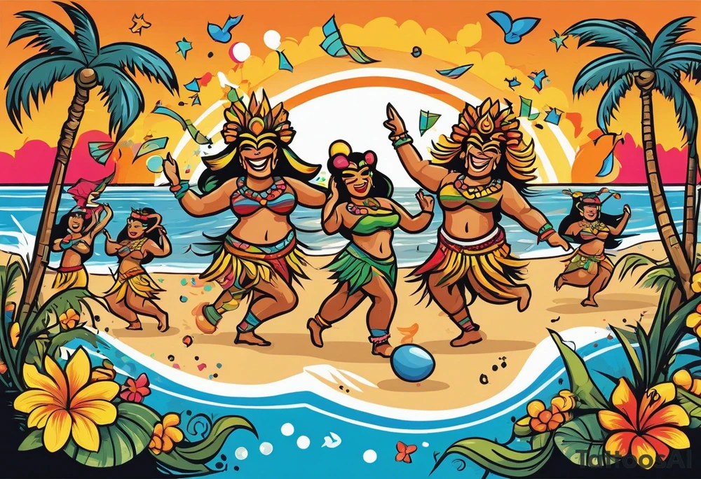 dancing tiki gods dance party on the beach with a sunset in the center of the image with confetti and music notes and sexy hula girls doing limbo in the center tattoo idea
