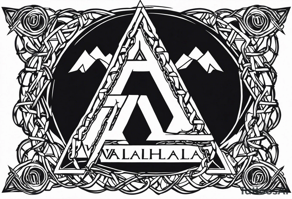 Valhalla sword shield axe barbed wire chains valknut tattoo idea