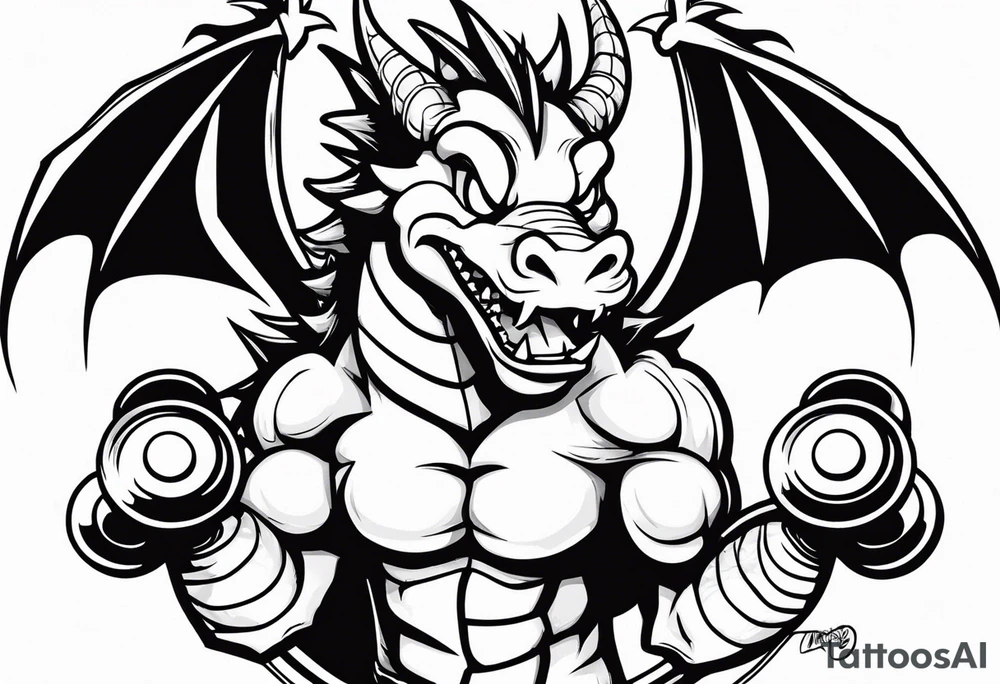 Dragon with dumbbell in mouth tattoo idea