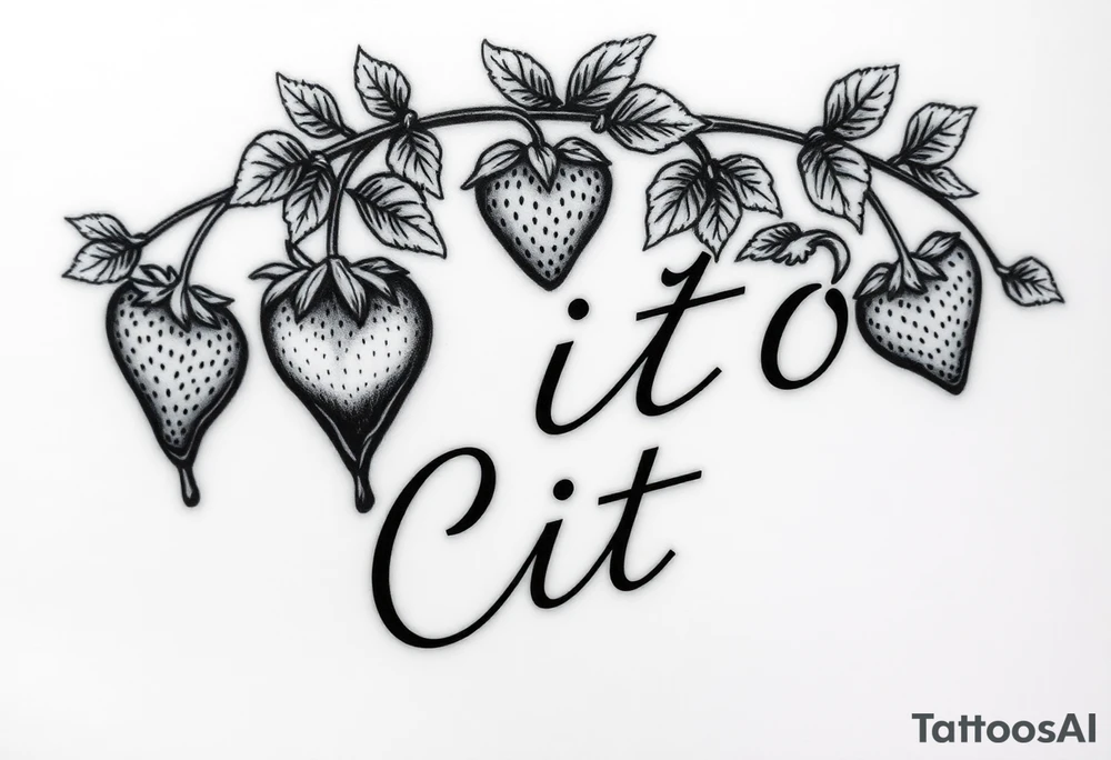 This will be placed going down my thigh.. Make a vine with detail that has strawberries hanging from it some of them should look like they’re dripping chocolate and the last strawberry should look like it has a bite taken out of it the ending of the vine should spell out the name Cito but make it look like a vine with detail it should resemble cursive but keep it looking like it’s written in vine the name should be rotated right going down tattoo idea