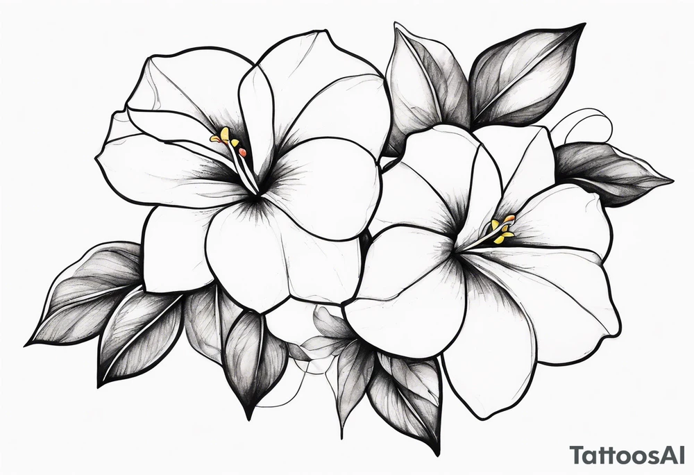 white background, abstract mandevilla flowers on a vine, part of it watercolor, part of it just line work tattoo idea