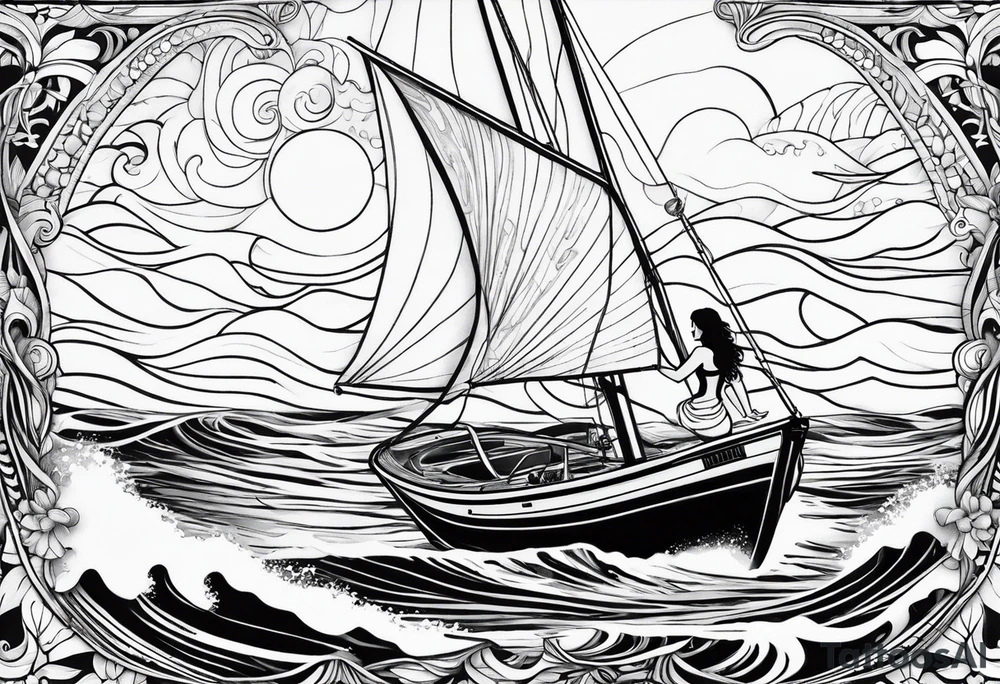 Hula girl on a sailboat with waves tattoo idea