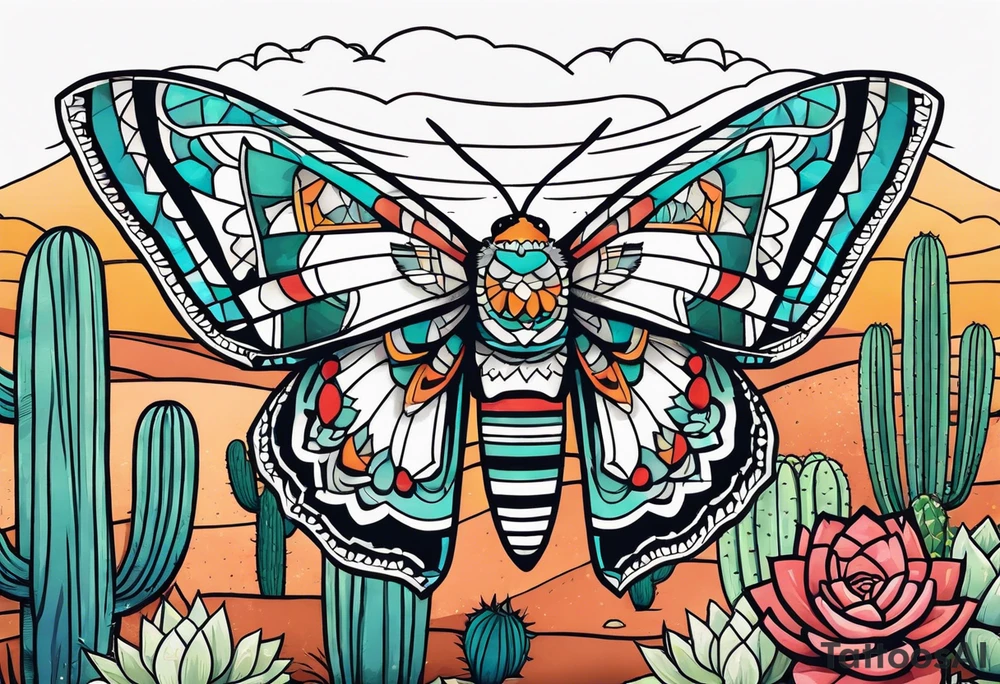 Modern Mexican style small moth in flight over a desert garden with cactus and small succulents tattoo idea