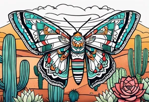 Modern Mexican style small moth in flight over a desert garden with cactus and small succulents tattoo idea