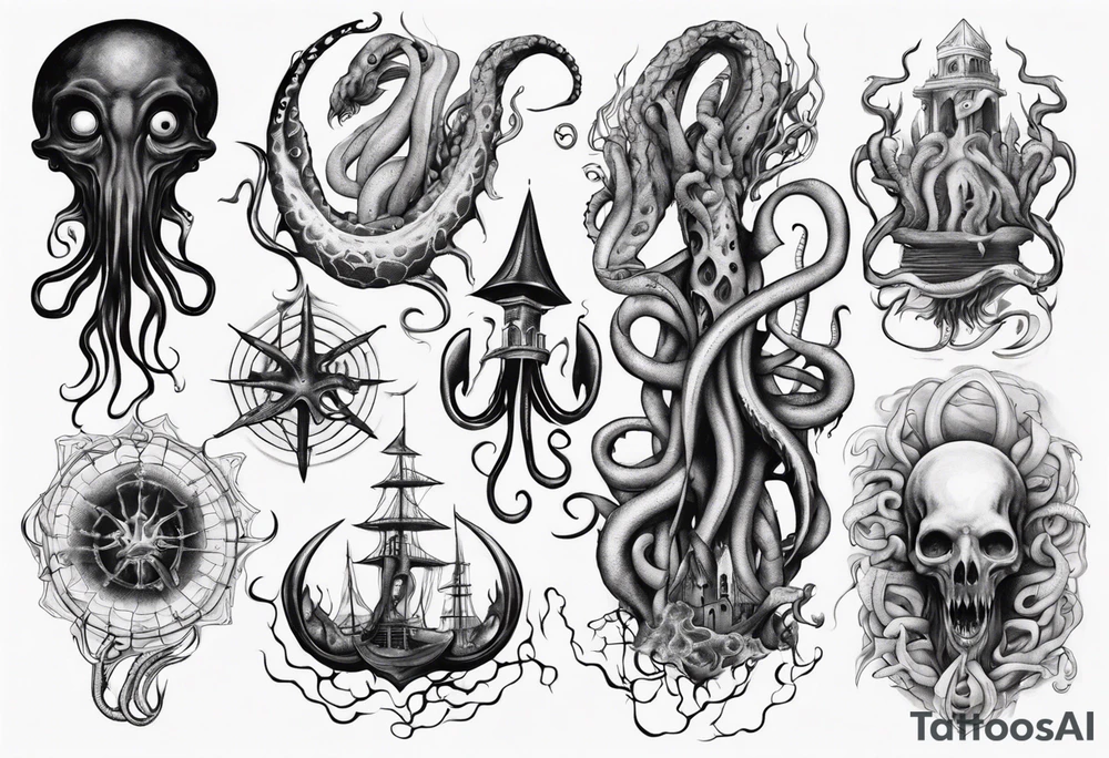 lovecraft mythe long tattoo 
with lot of tentacle tattoo idea